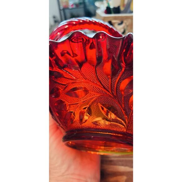 Vtg Fenton Amberina Red Ruffled 1983 Twisted Handle Ruffled Texture Leaf Pattern - Picture 9 of 9